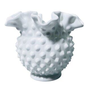 Vintage Fenton‎ White Milk Glass Hobnail Ruffled Edge Vase 4.25" Cottagecore